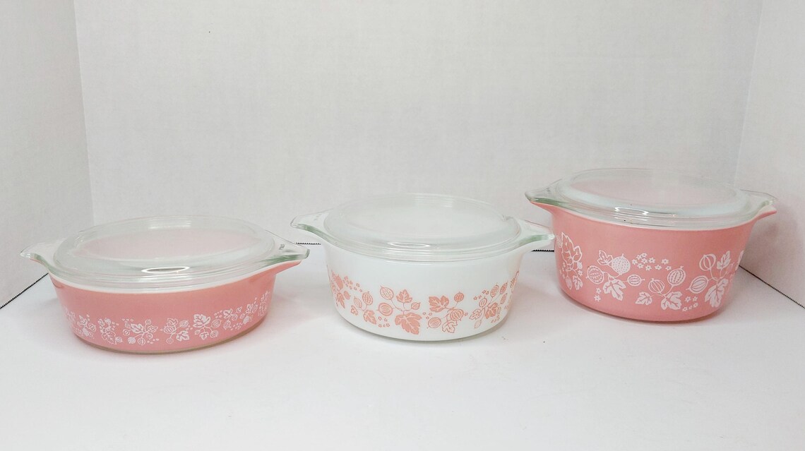 Gooseberry Pink Vintage Pyrex Round Casserole Dish Set 6 Pieces, 1950s ...