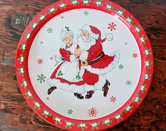 Vintage 1981 GIFTCO INC Mr. and Mrs. Santa Claus Dancing Metal Serving Cookie Tray