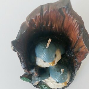 May include: A pair of bluebird candles nestled in a brown tree trunk candle holder. The birds have white bellies and black eyes. The candle holder has green leaves.