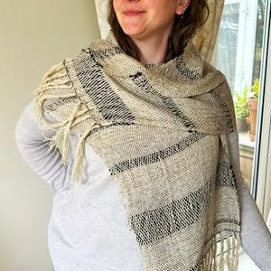 Handwoven silk, linen and tencel ivory and black scarf or wrap image 6