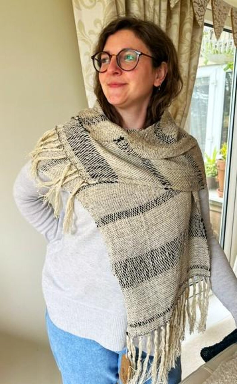 Handwoven silk, linen and tencel ivory and black scarf or wrap image 6