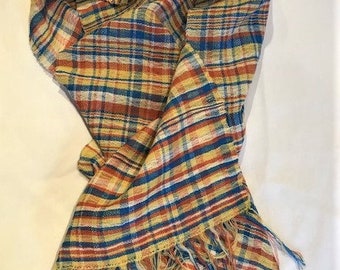 Blue, yellow, orange and ecru ultra fine lambswool scarf | bright | fine | luxury | wool | gift | womens | fashion | handwoven