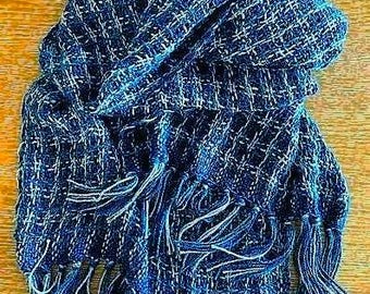 Handwoven luxury baby alpaca soft scarf in blue, turquoise and grey
