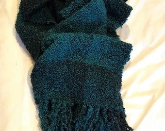Peacock blue two tone wool and alpaca chunky stretchy scarf | warm | soft | blue | thick | luxury | gift | stretchy | handwoven | unisex