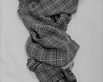 Charcoal grey and pearl grey scarf in "log cabin" pattern | grey | soft | warm | mens | womens | gift | handwoven | wool | baby alpaca