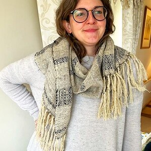 Handwoven silk, linen and tencel ivory and black scarf or wrap image 5