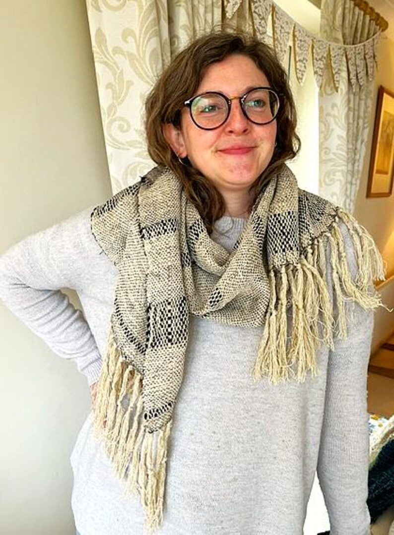 Handwoven silk, linen and tencel ivory and black scarf or wrap image 5