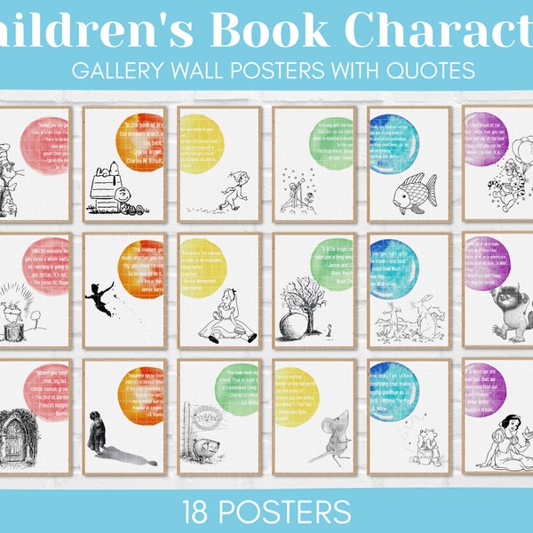 Children's Book Character Gallery Wall Posters, Rainbow Watercolor, Printable Classroom Decor, Instant Download