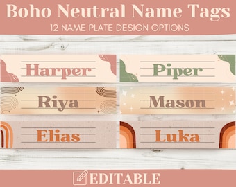 Boho Neutral Theme: Editable Name Tags, Printable Class Decor, Boho Theme, Instant Download