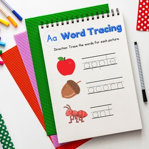 A to Z Alphabet Word Tracing Packet, Tracing Worksheets, Preschool Activity, Kindergarten Work