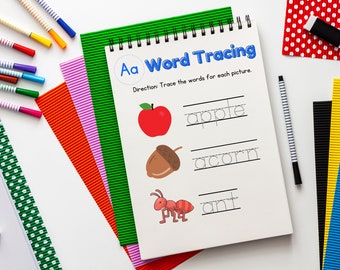 A to Z Alphabet Word Tracing Packet, Tracing Worksheets, Preschool Activity, Kindergarten Work