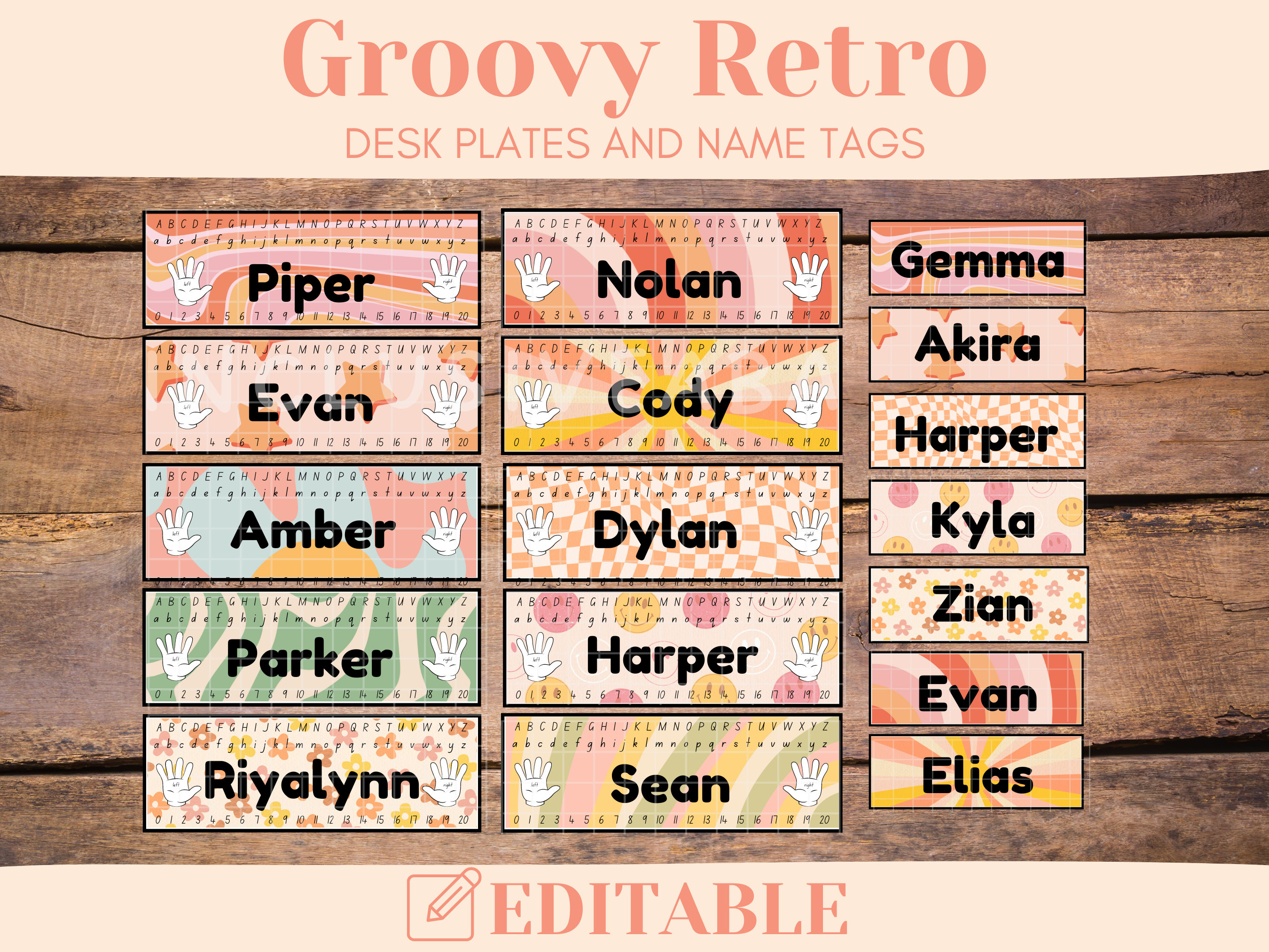 Groovy Retro Theme: Editable Name Tags, Printable Classroom Decor, Instant Download