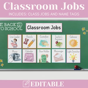 Rainbow Watercolor Classroom Jobs Printable Display, Editable File, Classroom Decor, Instant Download