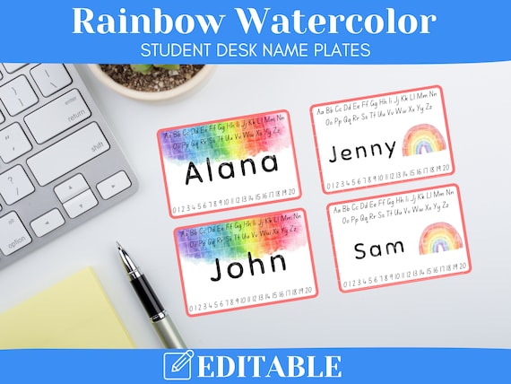 Rainbow Watercolor Theme: Editable Name Tags, Printable Classroom Decor, Instant Download