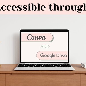 May include: A laptop computer screen displaying the text "Canva" and "Google Drive" in pink boxes with a white background. The text "AND" is displayed in black text between the two boxes.