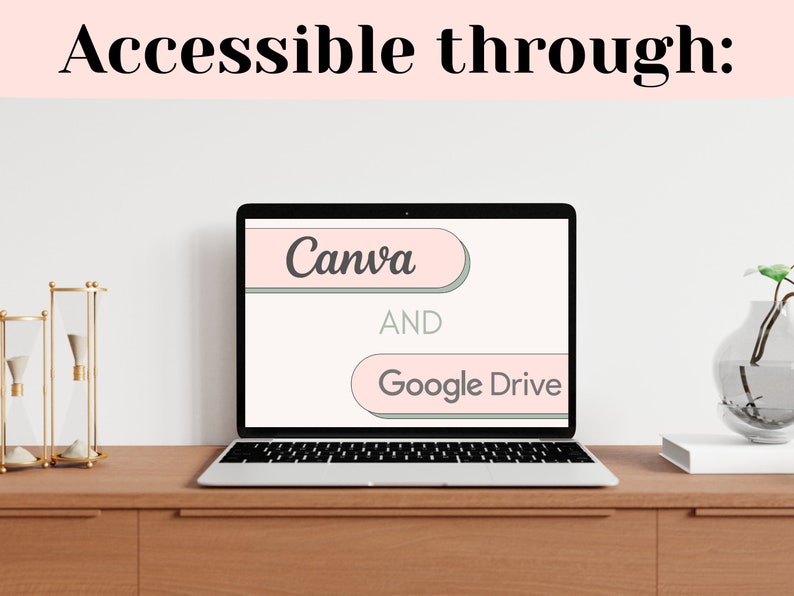 May include: A laptop computer screen displaying the text "Canva" and "Google Drive" in pink boxes with a white background. The text "AND" is displayed in black text between the two boxes.