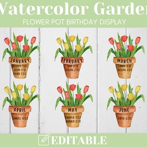 Watercolor Garden Theme: Editable Birthday Flower Pot Display, Printable Classroom Decor, Instant Download