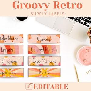 Groovy Retro bearbeitbare Vorratsetiketten, druckbare Klassenzimmerdekoration, sofortiger Download