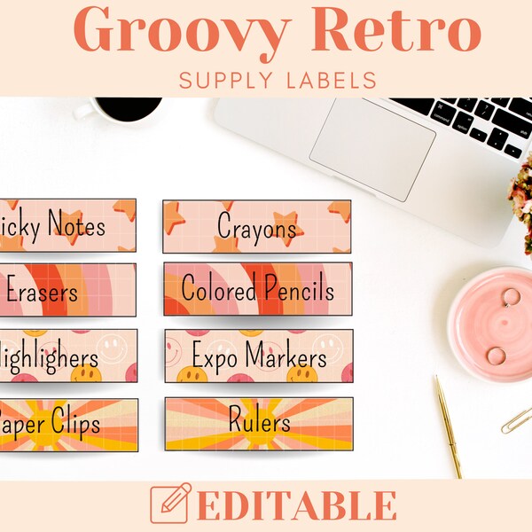 Groovy Retro Editable Supply Labels, Printable Classroom Decor, Instant Download