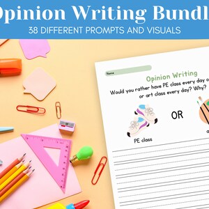 May include: A printable worksheet for opinion writing with a prompt asking students to choose between PE class or art class. The worksheet features illustrations of trainers and a paint palette.