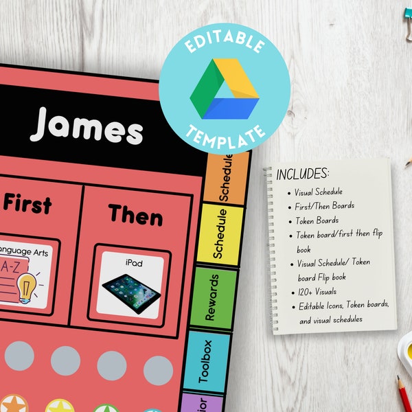 Editable Visual Schedule and Token Board Tabbed Flip Book, Special Education Tool, Instant Download
