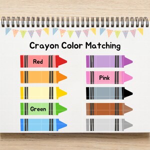 May include: A worksheet with the title "Crayon Color Matching" and images of crayons in different colors. The colors include red, orange, yellow, green, blue, pink, brown, and gray.