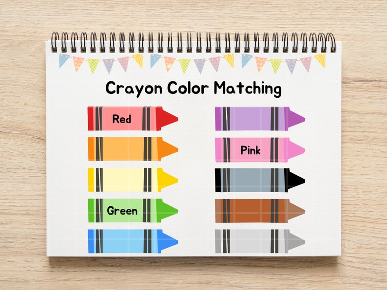 May include: A worksheet with the title "Crayon Color Matching" and images of crayons in different colors. The colors include red, orange, yellow, green, blue, pink, brown, and gray.