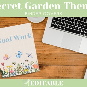 Peut inclure: Couverture de classeur modifiable avec un fond beige clair et le texte "Goal Work" en bleu. La couverture présente une illustration aquarelle d'une scène de jardin avec des papillons, des abeilles et des fleurs.
