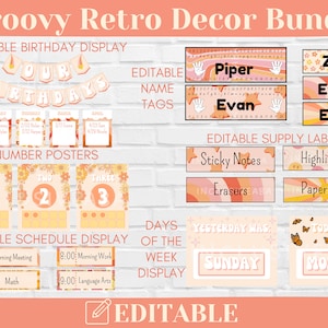 Groovy Retro Theme: Classroom Decor Bundle, Printable and Editable, Instant Download
