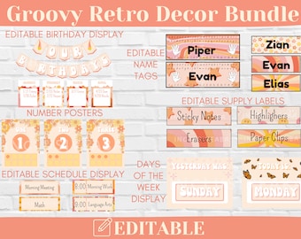 Groovy Retro Theme: Classroom Decor Bundle, Printable and Editable, Instant Download