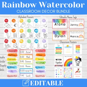 Rainbow Watercolor Theme: Classroom Decor Bundle, Editable Classroom Decor, Instant Download