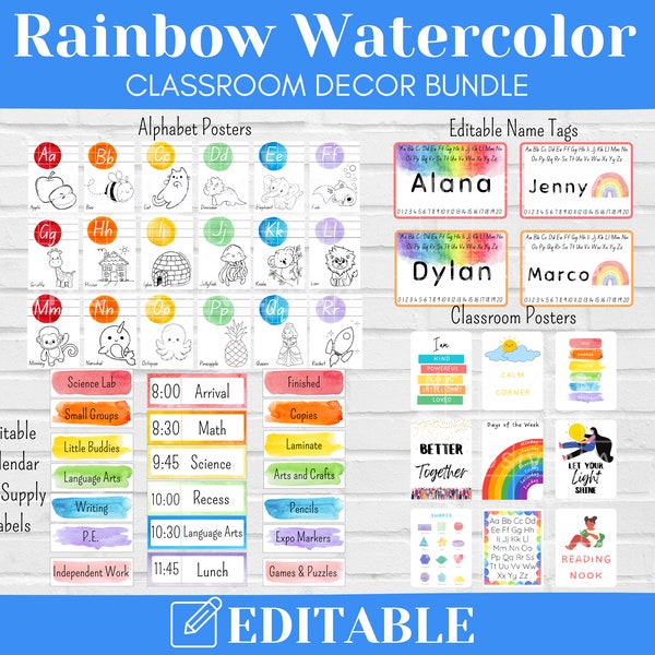 Rainbow Watercolor Theme: Classroom Decor Bundle, Editable Classroom Decor, Instant Download