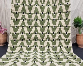 Gorgeous Beni Ourain Rug- Green And Beige Rug- Emerald Green Rug- woven rug-colorful rug- green wool Beniourain Carpet, Unique Geometric Rug