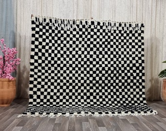 Large light Black and white checkered rug - Custom  Moroccan Berber checkered rug - Checkered area rug -  Checkerboard Rug- beniourain rug .