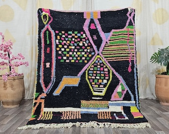 Beni Ourain Custom Area Rug, Multicolored Wool Rug for dining room -Geometric Moroccan Rugs for livingroom - Black & Colorful Wool carpets