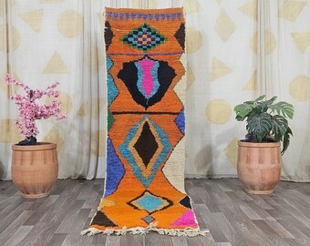 Luxurious Orange Runner Rugs 2x10 ft -Unique Moroccan Rug hallway Runner ,Hand knotted Wool Rugs Runner -Multicolored Bedside boujaad Rugs