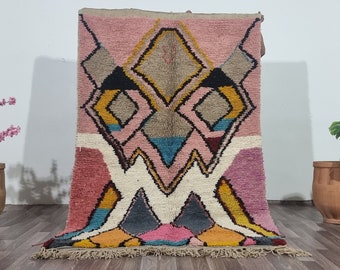 Pink Beni Ourain Hand Knotted Wool Rug - Modern Geometric Wool Rugs - Geometric Colorful Wool Design, Custom Area Size Rugs 8.2 x 5.1 ft