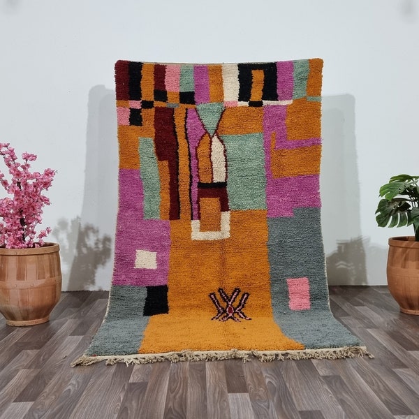 Gorgeous Multicolor Berber Rug -Unique Geometric Rug-Colorful Wool Rug, Boujaad Rug -Sheep wool rug -Abstract Orange Rug -Cozy Chic Boho Rug