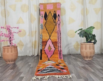 Gorgeous Beni ourain Rug Runner -Wool Colorful Rug Runner -Authentic Moroccan Orange Rug -Berber Runner Carpet -Authentic boujaad Rug Runner