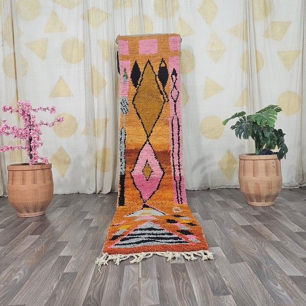 Gorgeous Beni ourain Rug Runner -Wool Colorful Rug Runner -Authentic Moroccan Orange Rug -Berber Runner Carpet -Authentic boujaad Rug Runner