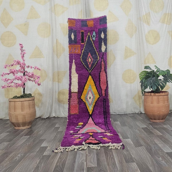 Handmade Moroccan Purple Runner -Custom Runner Rug : Authentic Morrocan rug - Authentic Boujaad Berber Rug -Long hallway Entryway runner rug