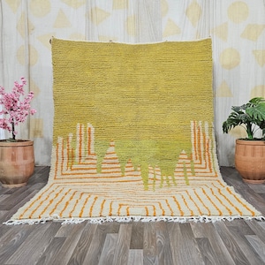 Splendido tappeto Beni Ourain - tappeto giallo e beige, tappeto per soggiorno - tappeto intrecciato, tappeto colorato, tappeto di lana a righe, tappeto geometrico unico in lana 9x12