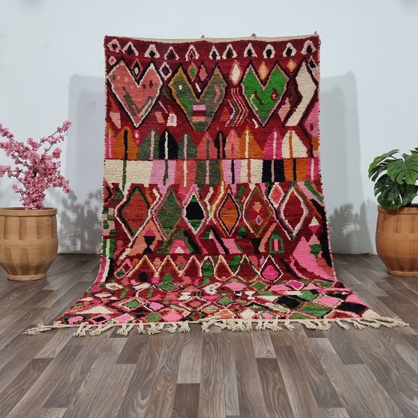 Magnifique tapis en laine multicolore, tapis marocain rouge, tapis géométrique unique, tapis boujaad coloré, tapis marocain de haute qualité, tapis géométriques uniques