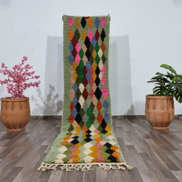 Gorgeous Beni Ourain Rug Runner -Berber Colorful Custom Runner Rug -Authentic Moroccan rug -Boho Carpet-Green Rug- Hand knotted Rug