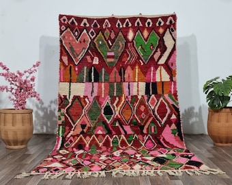 Magnifique tapis en laine multicolore, tapis marocain rouge, tapis géométrique unique, tapis boujaad coloré, tapis marocain de haute qualité, tapis géométriques uniques