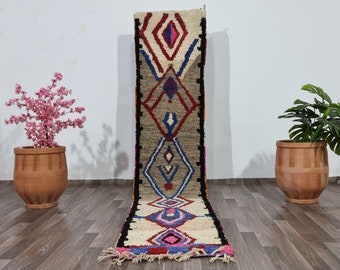 Handmade Moroccan Runner Rug – Colorful Berber Multicolored Rug Runner -Authentic Moroccan Beige rug - Authentic boujaad runner rug
