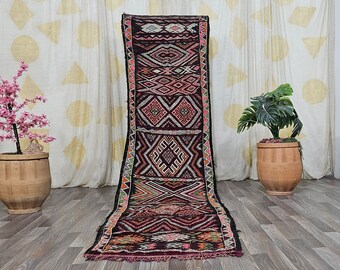 UNIQUE KILIM RUNNER ,Handmade Wool Rug, Multicolored Old Kilim Carpet ,Geometric Berber Rug 3x12.6 ft , Sheep Wool Rug ,Berber Funky Rug