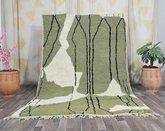 Gorgeous Beni Ourain Rug-Green And Beige Rug-Emerald Green Rug-woven rug-colorful rug-green wool Beniourain Carpet,Unique Geometric Rug