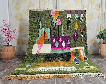 Gorgeous Beni Ourain Rug- Green And Beige Rug- Emerald Green Rug- woven rug-colorful rug- green wool Beniourain Carpet, Unique Geometric Rug