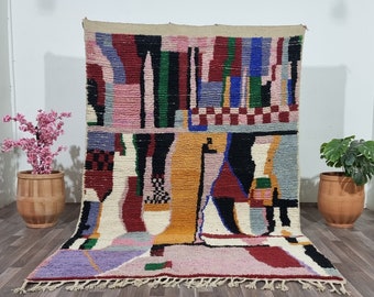 Moroccan Beni Ourain Rugs - Abstract Moroccan berber colorful wool rugs - Hand-Knotted Multicolor Wool Rugs - Beni Ourain Moroccan Shags